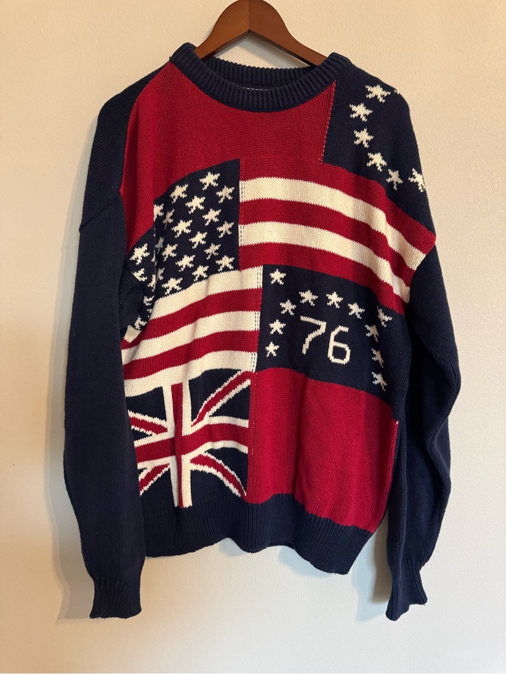 VTG Old Glory American Flag Bennington 76 Cotton Knit Patriotic Sweater XL